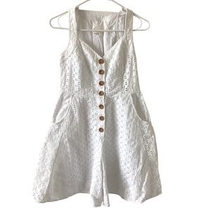 Anthropologie White Eyelet Cotton Button Front Romper Pockets Size 2